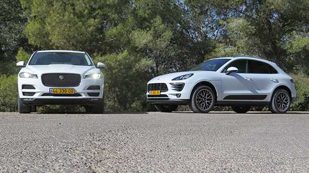 מבחן דרכים השוואתי גיאור FPACE מול פורשה מאקאן. שני רכבי פנאי מרשימים עם גישה שונה למתכון. טורבו בנזין קטן לפורשה. טורבו דיזל גדול עם היגואר. צילום: רוני נאק