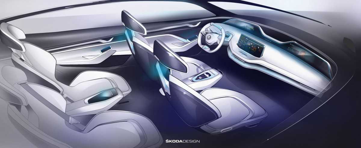 סקודה חושפת תרשימים של תא הנהג של וויז'ן E - קונספט המרמז על עיצוב הפנים העתידי של רכבי המותג. צילום: סקודה